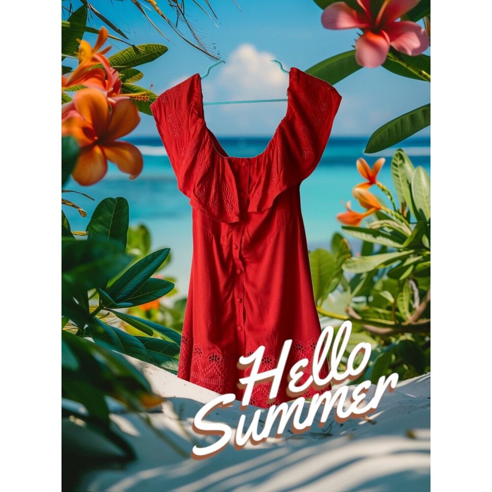 Sugar +Lips mini red dress cold shoulder embroidered lace ruffle‎ boho Hawaii M